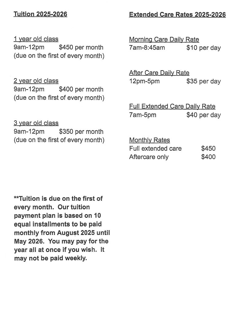 2025-2026 Preschool Price List